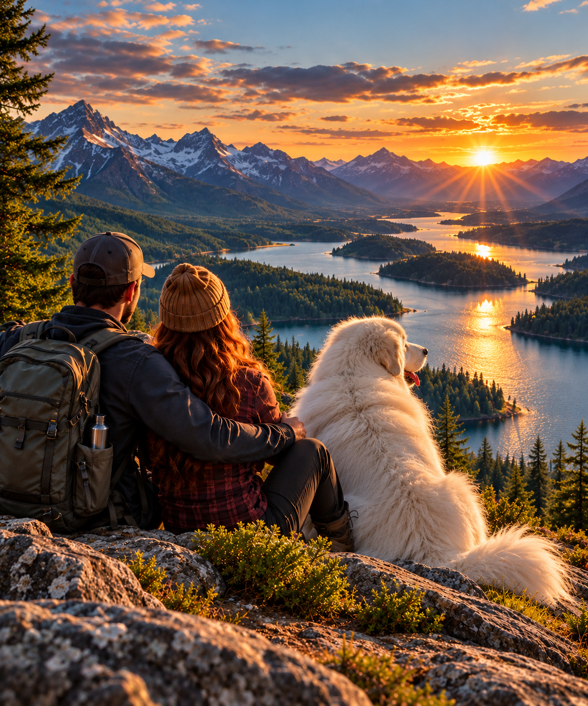 Couple and Great Pyrenees overlooking a mountain lake